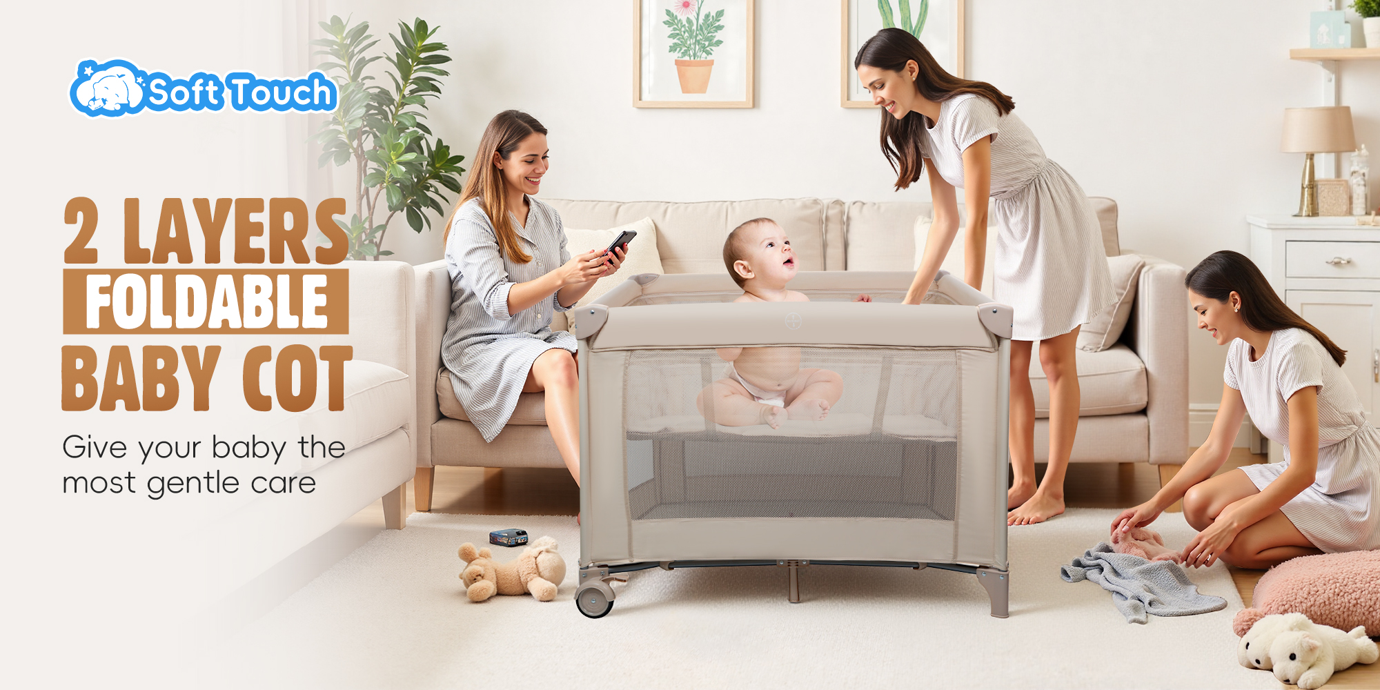 2 In 1 Baby Crib, Portable Toddler Playard, Foldable Baby Cot Travel Crib, Featuring Breathable Mesh Sides, Nursery Center for Infant with Carry Bag (Beige)