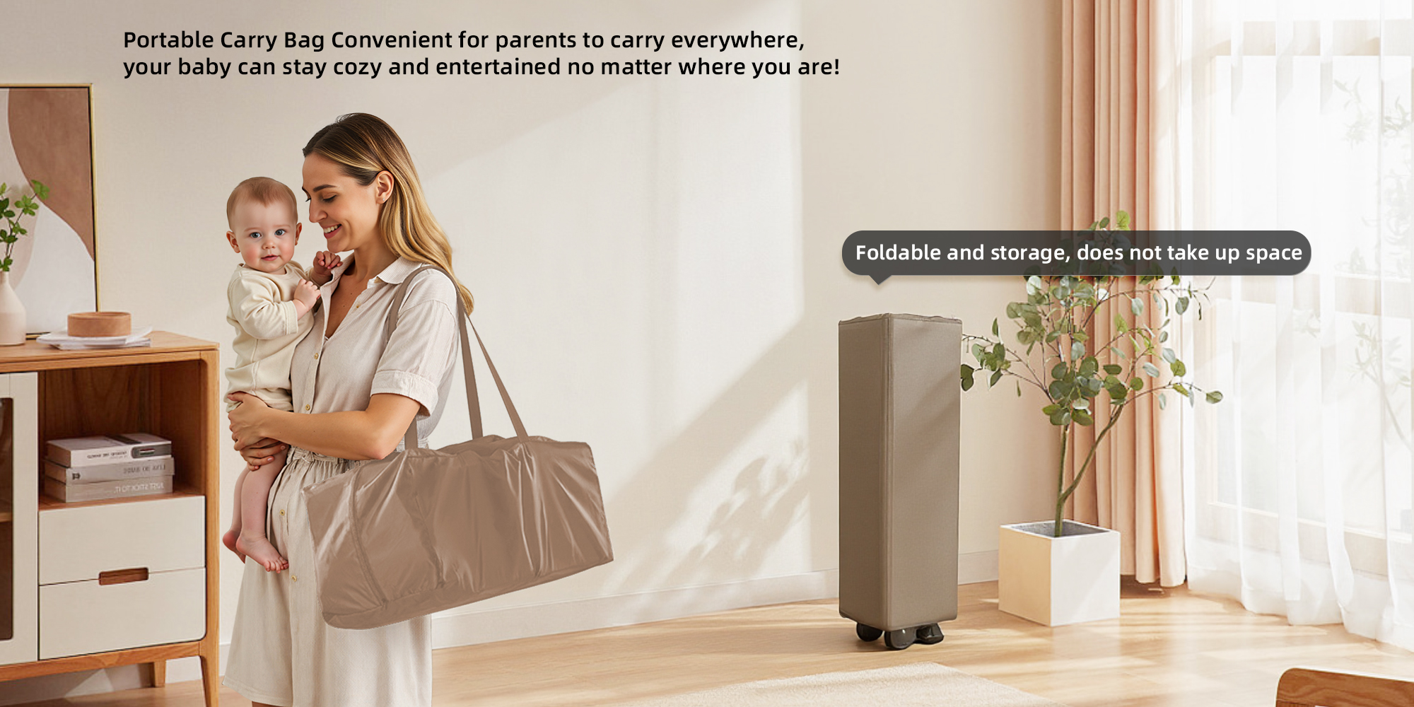 2 In 1 Baby Crib, Portable Toddler Playard, Foldable Baby Cot Travel Crib, Featuring Breathable Mesh Sides, Nursery Center for Infant with Carry Bag (Beige)