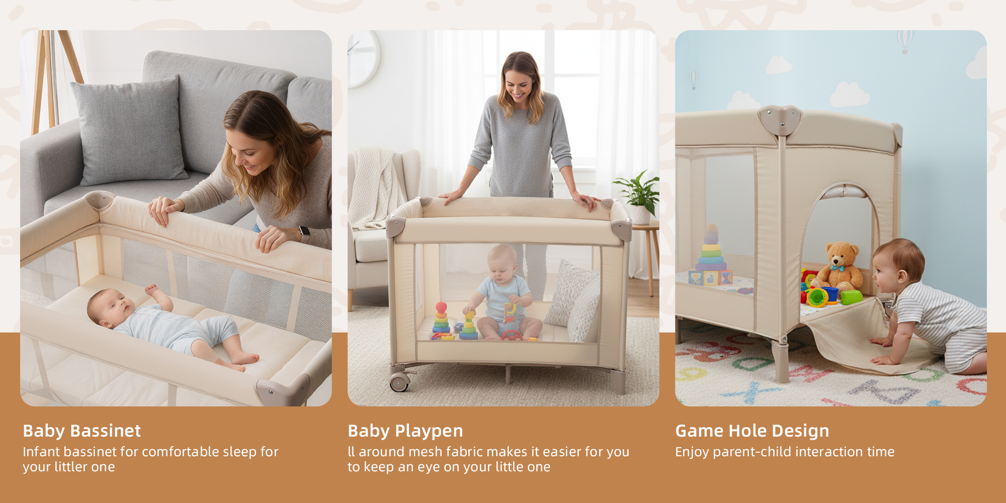 2 In 1 Baby Crib, Portable Toddler Playard, Foldable Baby Cot Travel Crib, Featuring Breathable Mesh Sides, Nursery Center for Infant with Carry Bag (Beige)