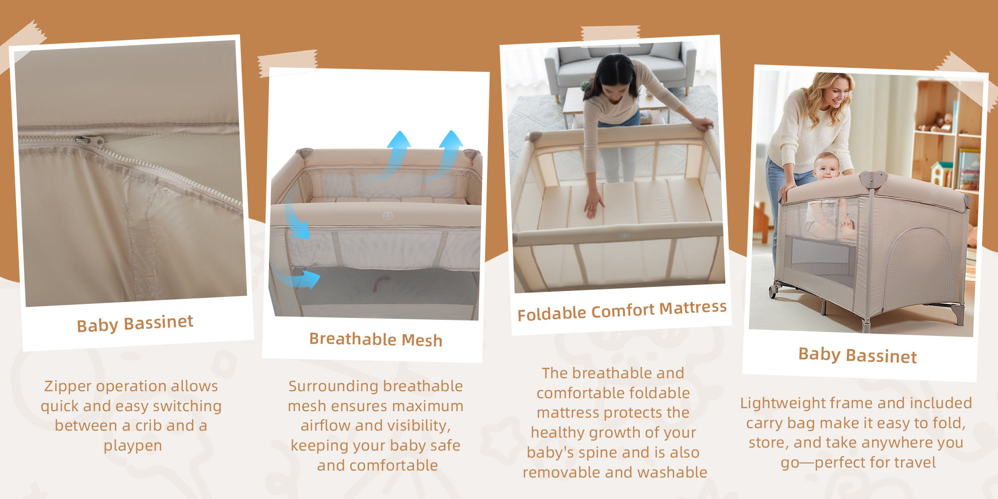 2 In 1 Baby Crib, Portable Toddler Playard, Foldable Baby Cot Travel Crib, Featuring Breathable Mesh Sides, Nursery Center for Infant with Carry Bag (Beige)