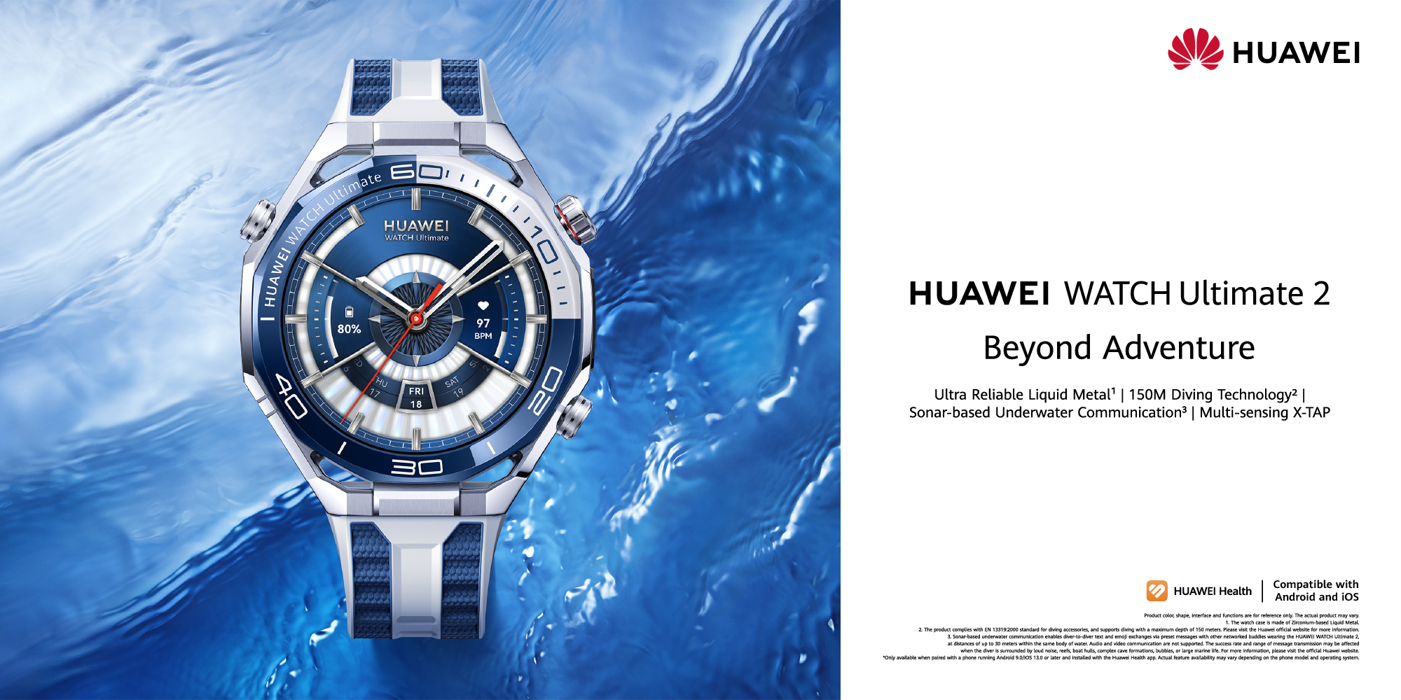 Watch Ultimate 2 Smart Watch, Zirconium-based Liquid Metal case, 150-Meter Diving Watch, Sonar-based Underwater Communication, Accurate Health Monitor,  eSIM cellular calling, Black