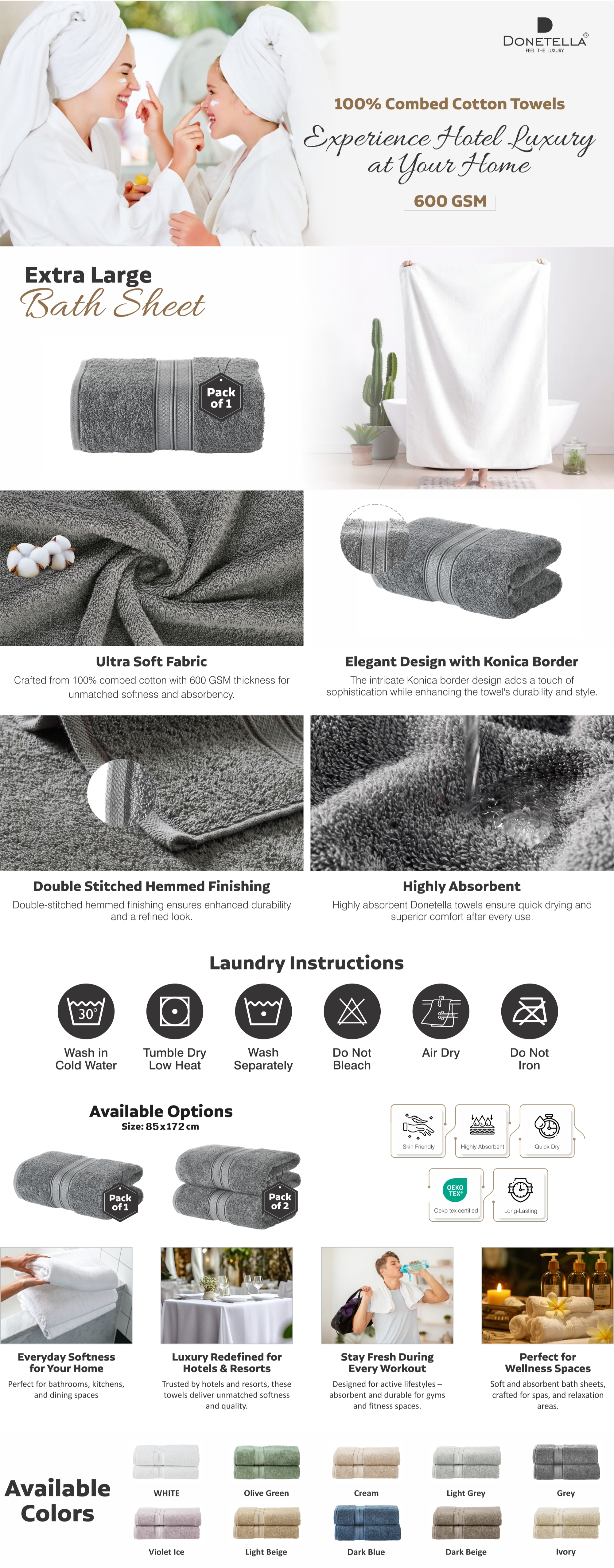 Premium 100 % Combed Cotton 1-Pcs Bath Sheet (85 X 172 CM) 600 GSM Large Towel, Highly Absorbent, Quick Dry,Best Towel for Bathroom, Spa And Hotel,White