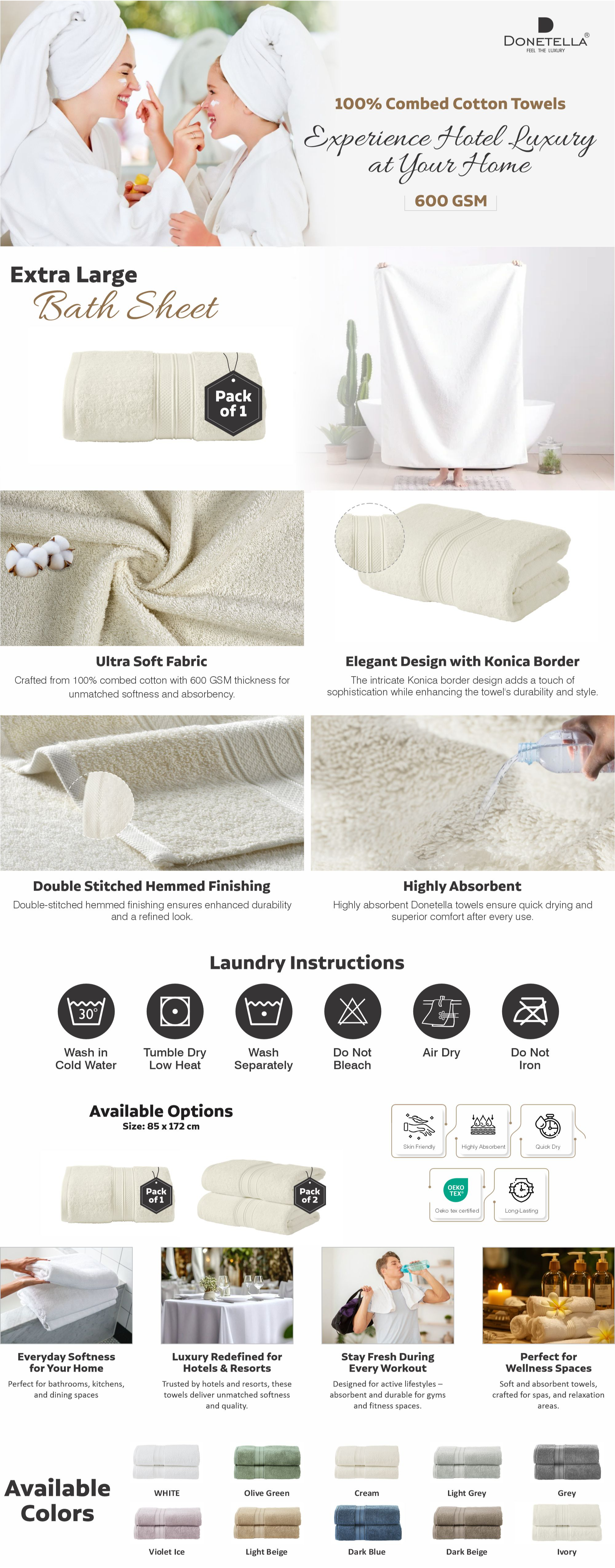 Premium 100 % Combed Cotton 1-Pcs Bath Sheet (85 X 172 CM) 600 GSM Large Towel, Highly Absorbent, Quick Dry,Best Towel for Bathroom, Spa And Hotel,White