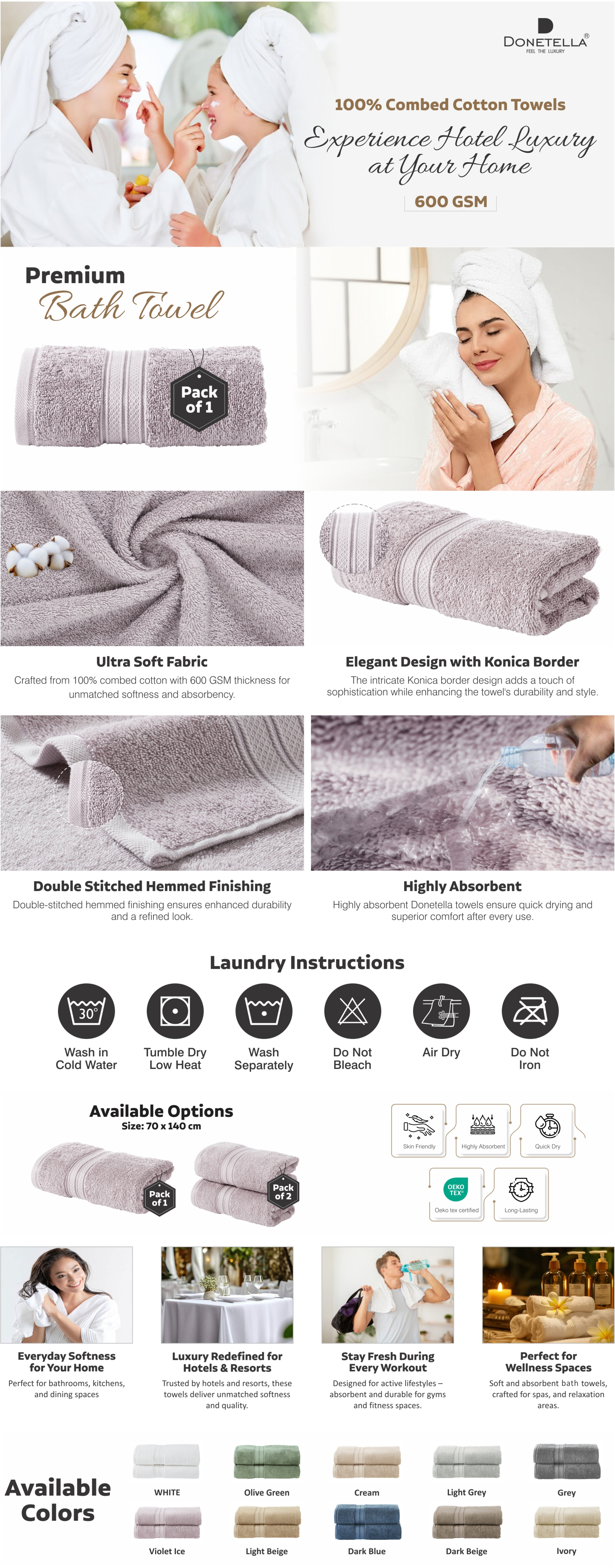 Premium 100 % Combed Cotton 1-Pcs Bath Towel(70 X 140 CM) 600 GSM Large Towel, Highly Absorbent, Quick Dry,Best Towel for Bathroom, Spa And Hotel