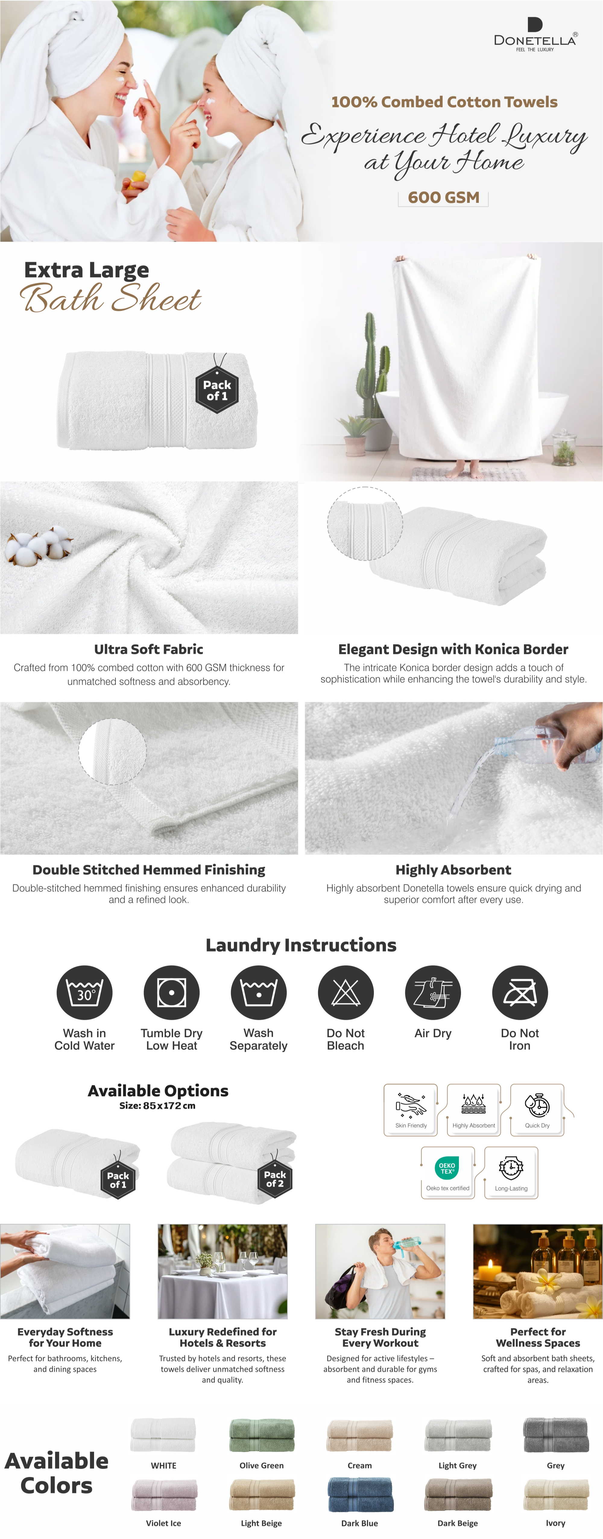 Premium 100 % Combed Cotton 1-Pcs Bath Sheet (85 X 172 CM) 600 GSM Large Towel, Highly Absorbent, Quick Dry,Best Towel for Bathroom, Spa And Hotel,White