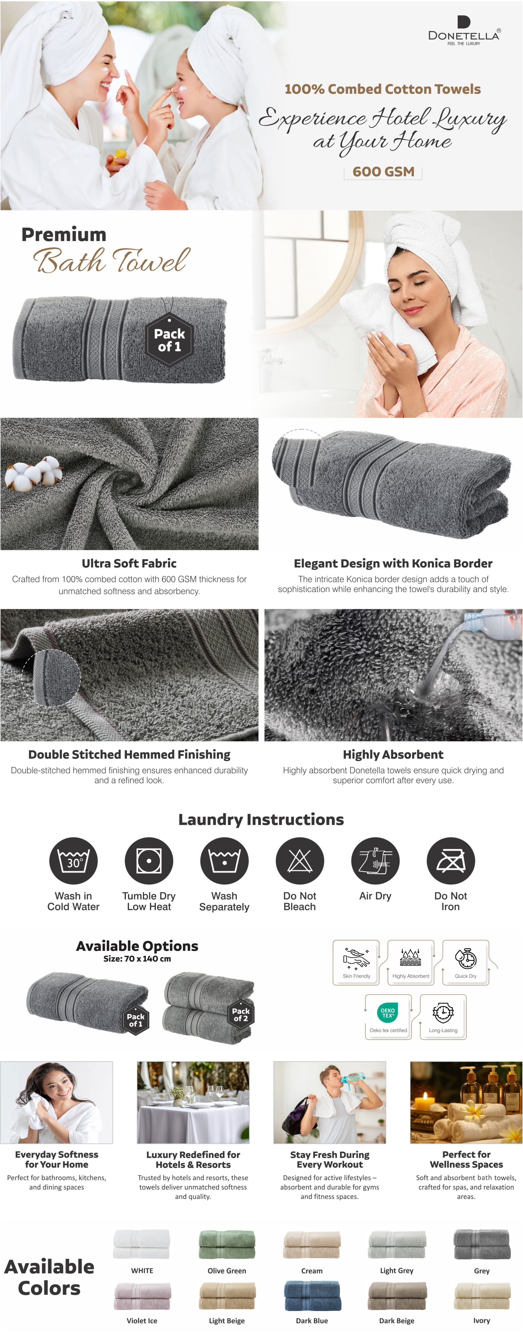 Premium 100 % Combed Cotton 1-Pcs Bath Towel(70 X 140 CM) 600 GSM Large Towel, Highly Absorbent, Quick Dry,Best Towel for Bathroom, Spa And Hotel