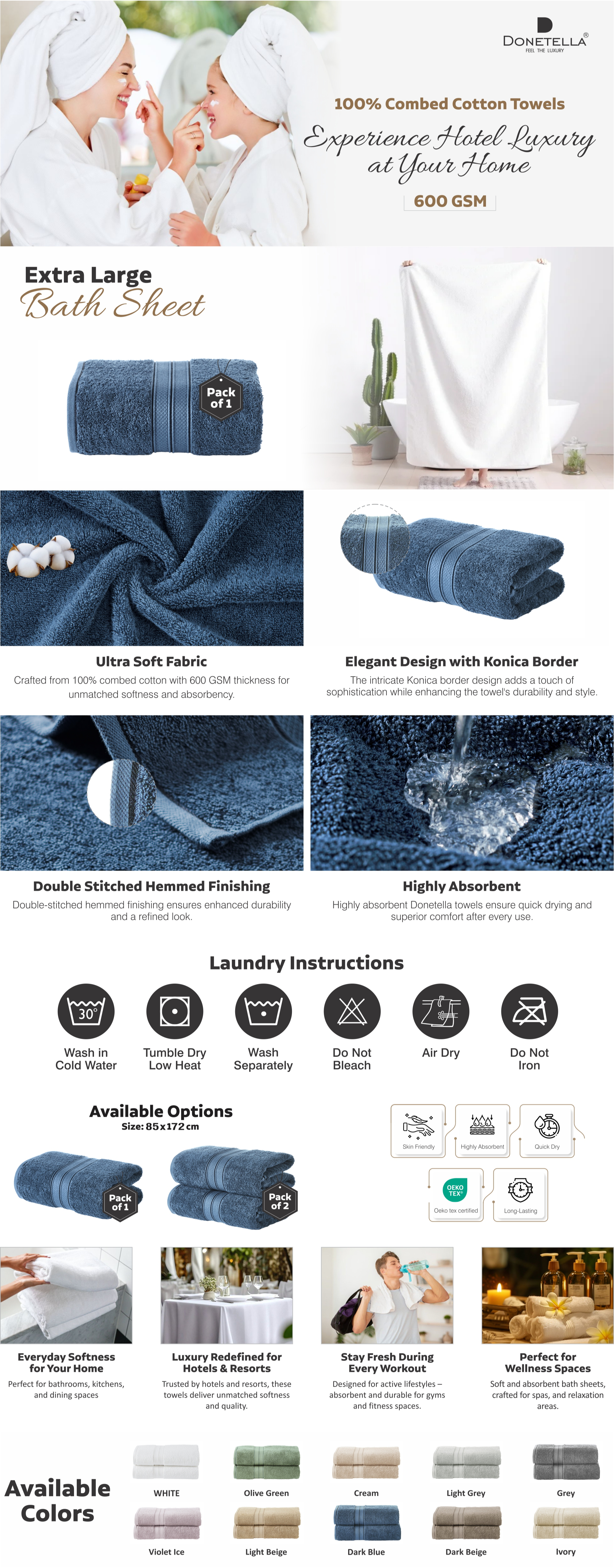 Premium 100 % Combed Cotton 1-Pcs Bath Sheet (85 X 172 CM) 600 GSM Large Towel, Highly Absorbent, Quick Dry,Best Towel for Bathroom, Spa And Hotel