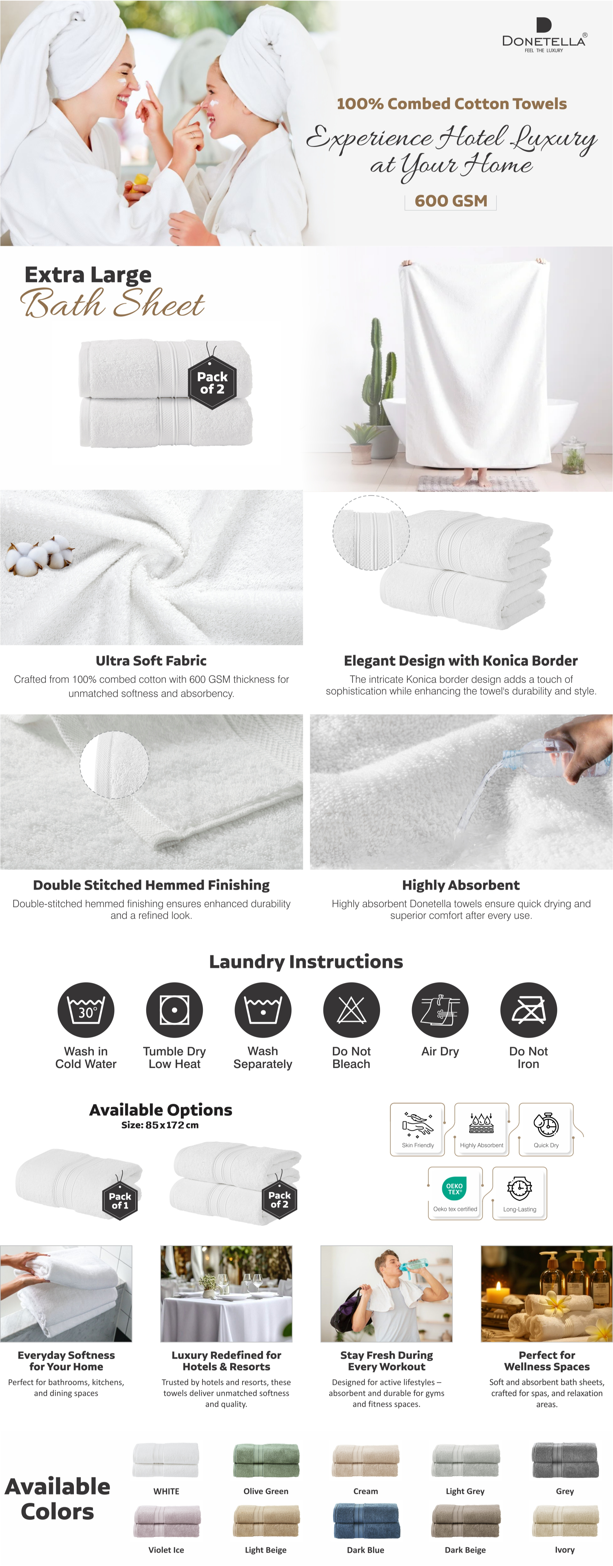 Premium 100 % Combed Cotton 2-Pcs Bath Sheet Set (85 X 172 CM) 600 GSM Large Towel, Highly Absorbent, Quick Dry,Best Towel for Bathroom, Spa And Hotel,White