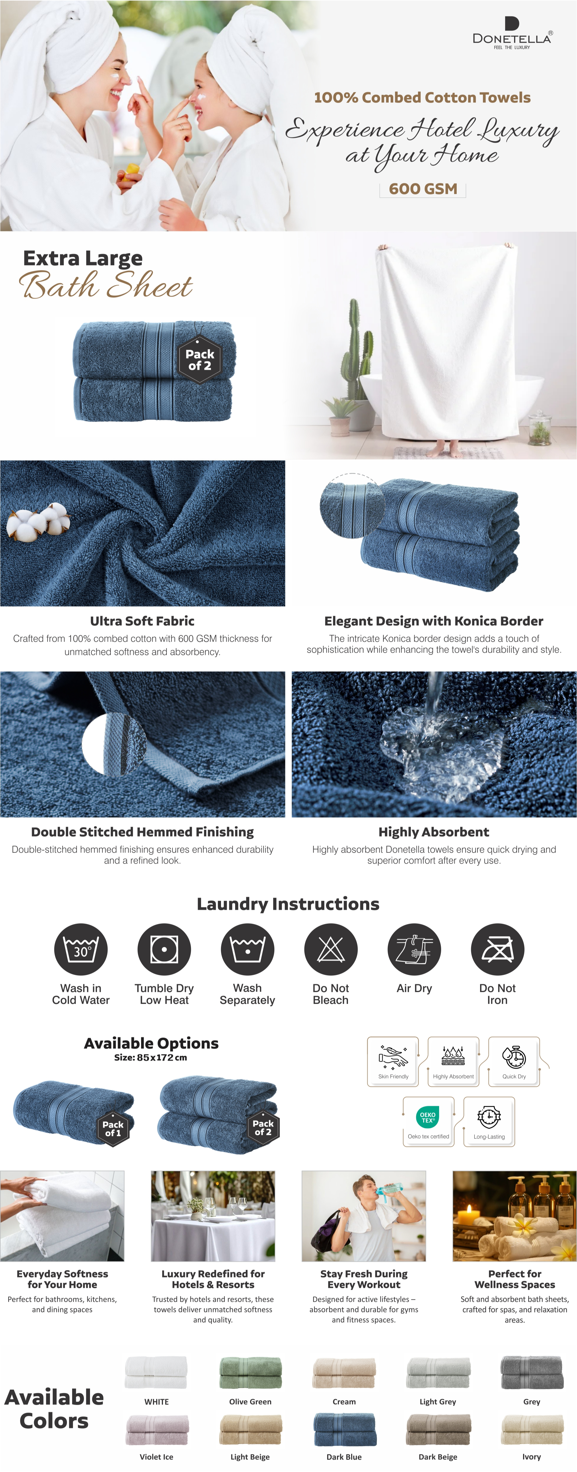 Premium 100 % Combed Cotton 2-Pcs Bath Sheet Set (85 X 172 CM) 600 GSM Large Towel, Highly Absorbent, Quick Dry,Best Towel for Bathroom, Spa And Hotel