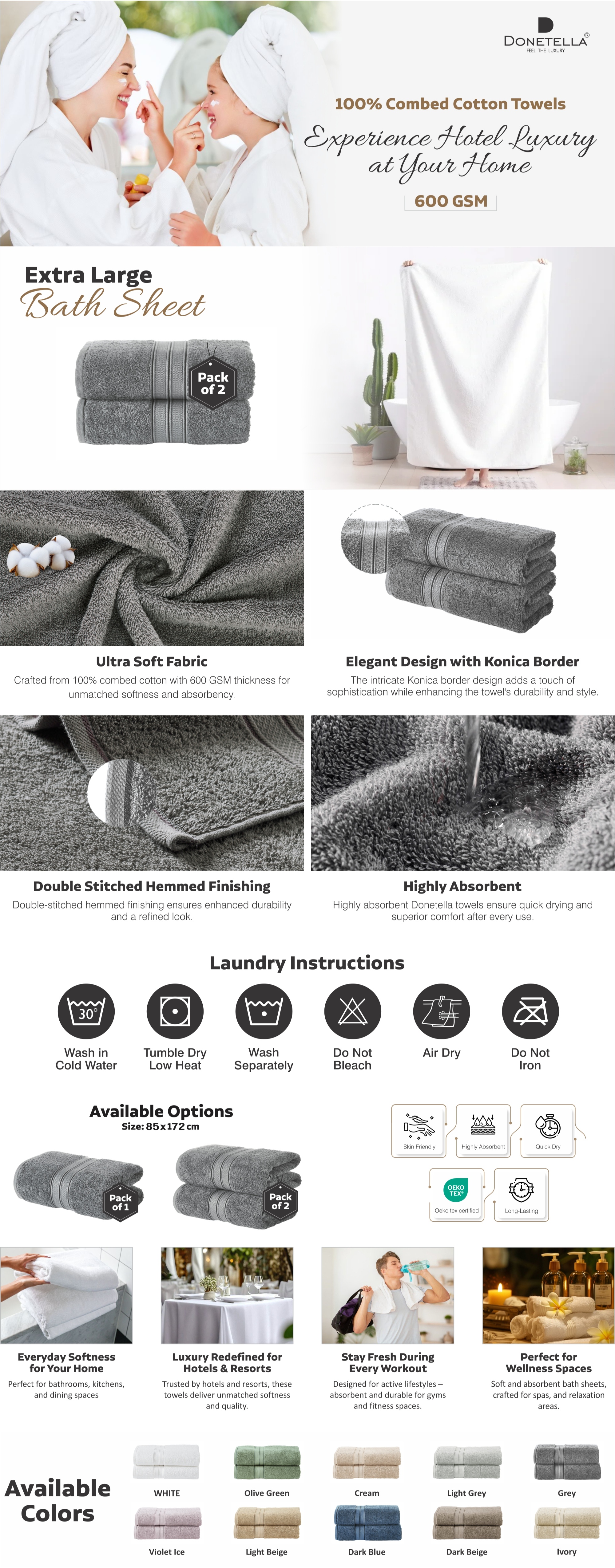 Premium 100 % Combed Cotton 2-Pcs Bath Sheet Set (85 X 172 CM) 600 GSM Large Towel, Highly Absorbent, Quick Dry,Best Towel for Bathroom, Spa And Hotel