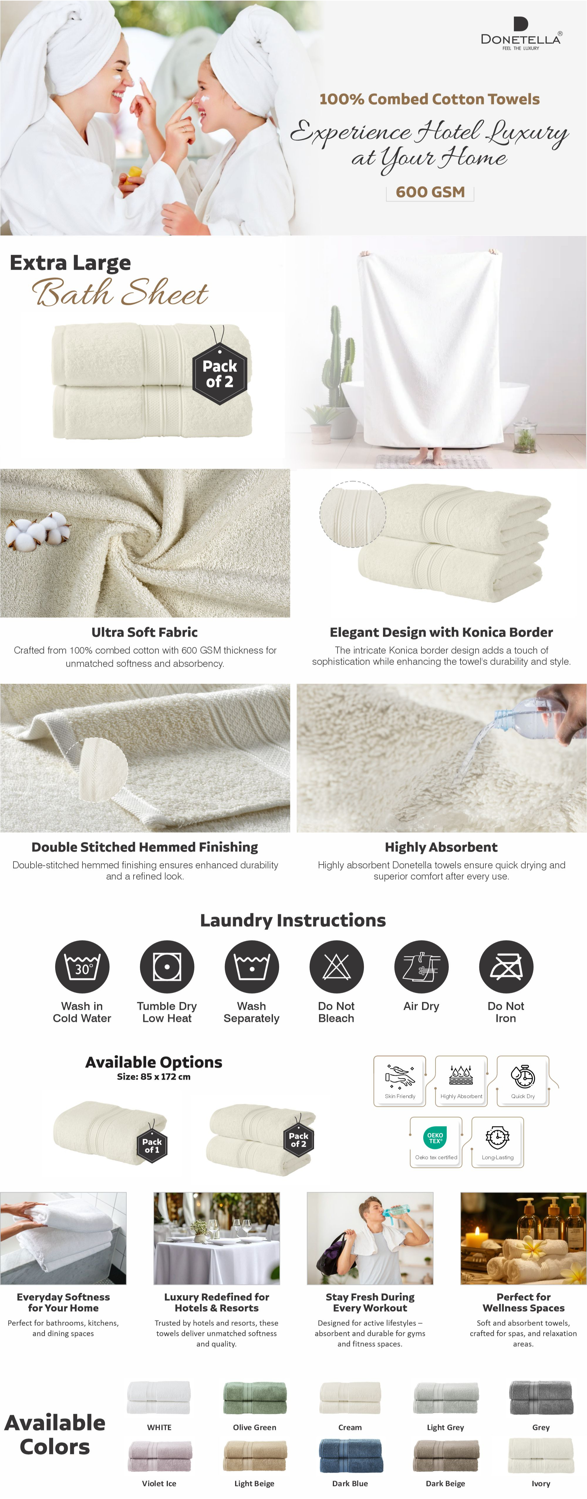 Premium 100 % Combed Cotton 2-Pcs Bath Sheet Set (85 X 172 CM) 600 GSM Large Towel, Highly Absorbent, Quick Dry,Best Towel for Bathroom, Spa And Hotel