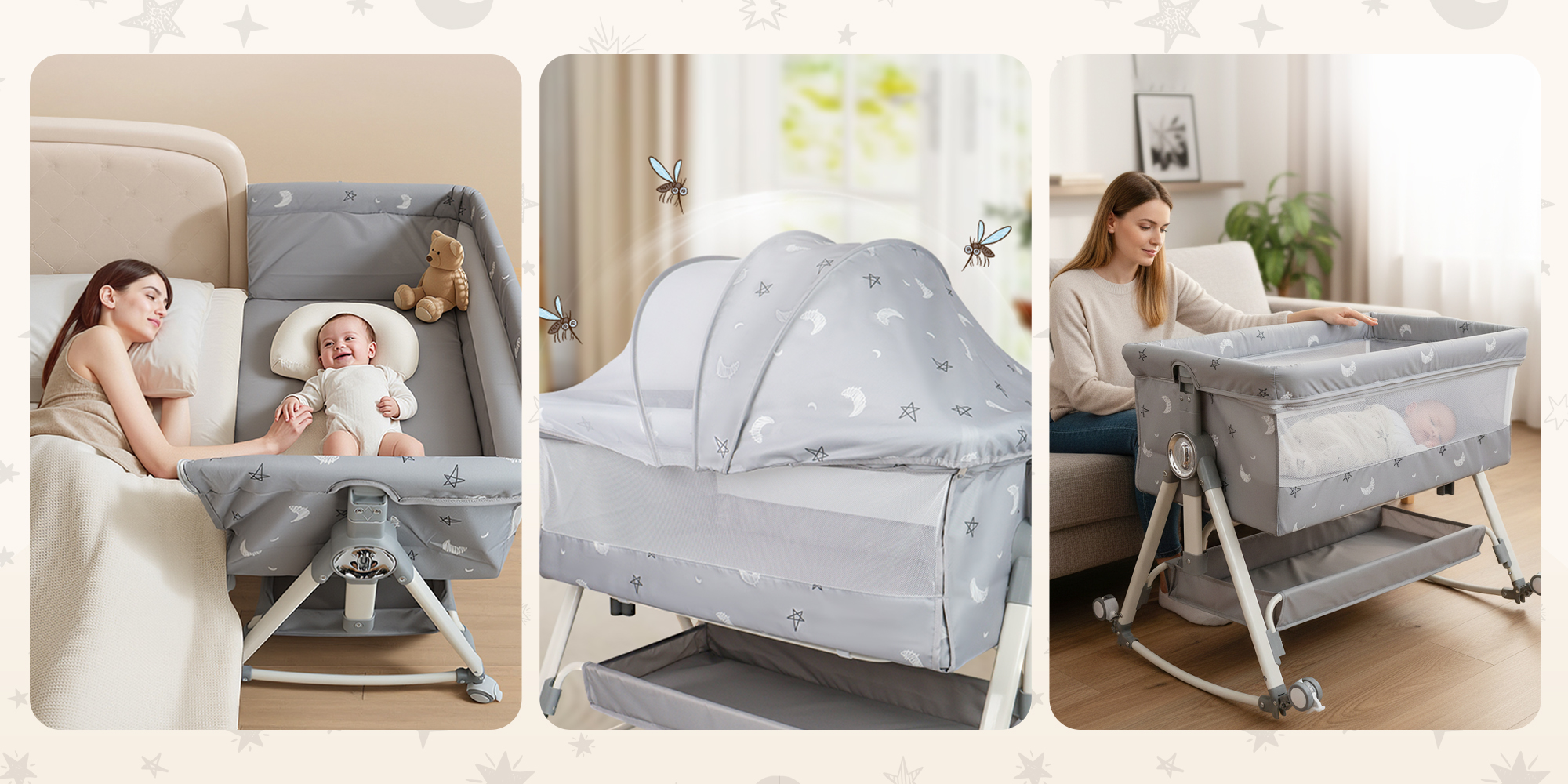 Baby Bassinet Bedside Sleeper,Multifunctional Baby Crib, 5 Adjustable Height Cosleeper for Baby, Easy Folding Portable Baby Sleeping Bed, Rocking Bassinets with Mattress Mosquito Net for Infant Newborn