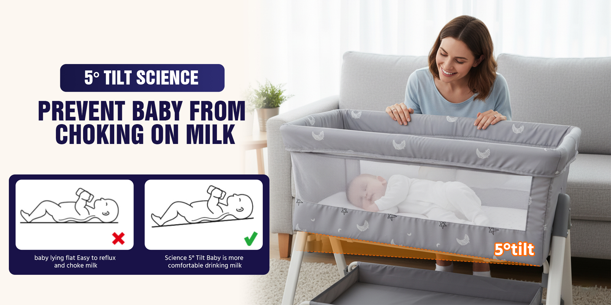 Baby Bassinet Bedside Sleeper,Multifunctional Baby Crib, 5 Adjustable Height Cosleeper for Baby, Easy Folding Portable Baby Sleeping Bed, Rocking Bassinets with Mattress Mosquito Net for Infant Newborn