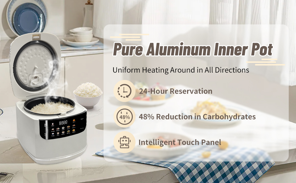 Rice Cooker, 2L Home Intelligence Multi Functional Steaming and Cooking Integration Rice Cooker, 24h Dealy Start, Suitable for 2-3 People, Steamer Tray, Measuring Cups&Spoon (White)