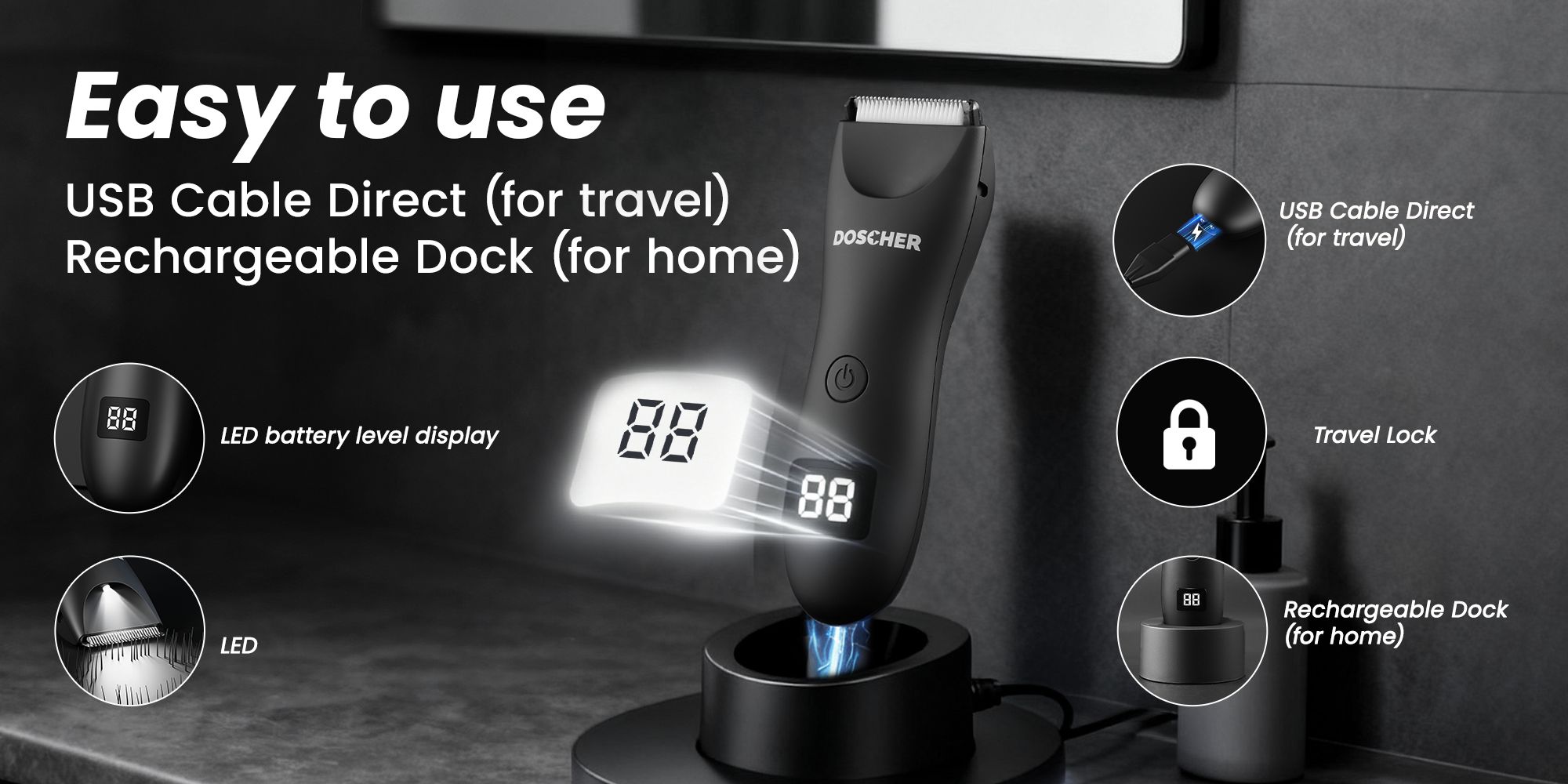 Three-Head Body Hair Trimmer for Men, Skin Safe Foil Razor, Waterproof Wet/Dry Electric Groomer with LED Display, No-Nick Shaver Kit, USB Rechargeable with Charging Dock, Guide Comb & Travel Lock