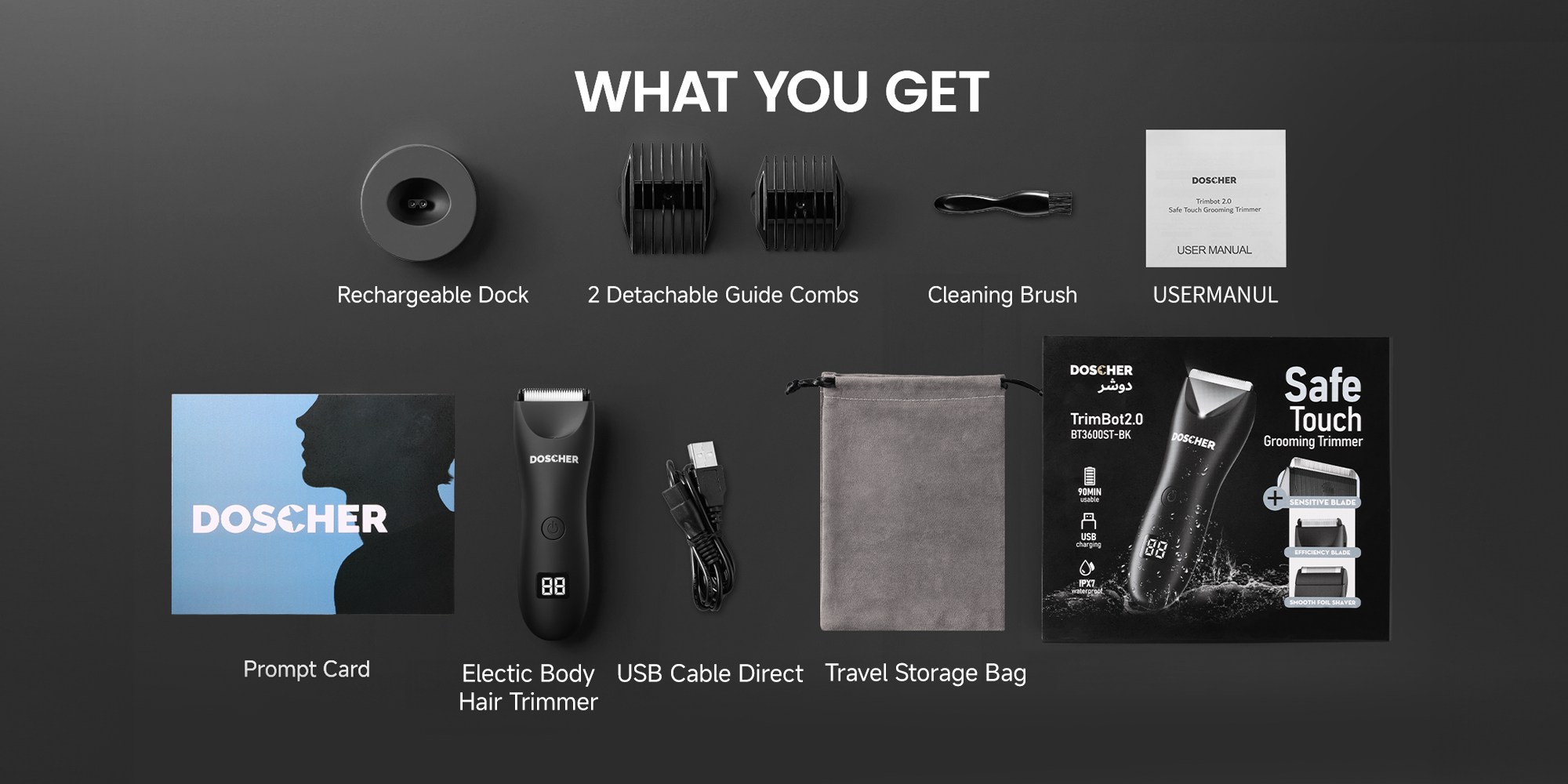 Three-Head Body Hair Trimmer for Men, Skin Safe Foil Razor, Waterproof Wet/Dry Electric Groomer with LED Display, No-Nick Shaver Kit, USB Rechargeable with Charging Dock, Guide Comb & Travel Lock