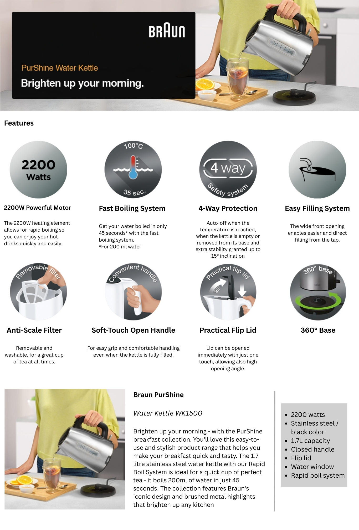 PurShine Kettle, 1.7L, 2200W, Double scale water window, Practical flip lid, Fast boiling system, Anti-scale filter, protection system - 1.7 L 2200 W WK1500BK Silver