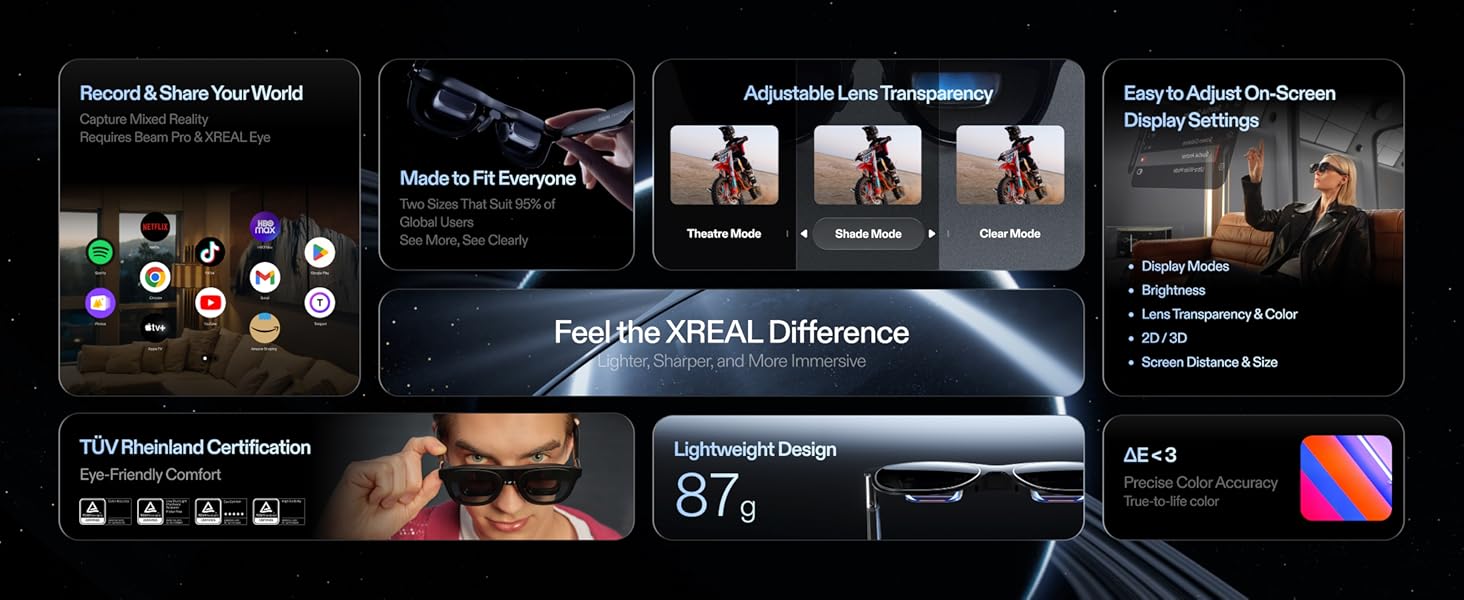 XREAL One Pro AR Glasses with X1 Chip, 3 Degrees of Freedom, 171°, 57° Viewing Angle, 120Hz, BOSE Sound, Sony OLED Display, 3 Modes Adjustment, Compatible with PS5, Nintendo Switch 2, iPhone 16/15, Steam Deck, PC, Android and iOS - Size M