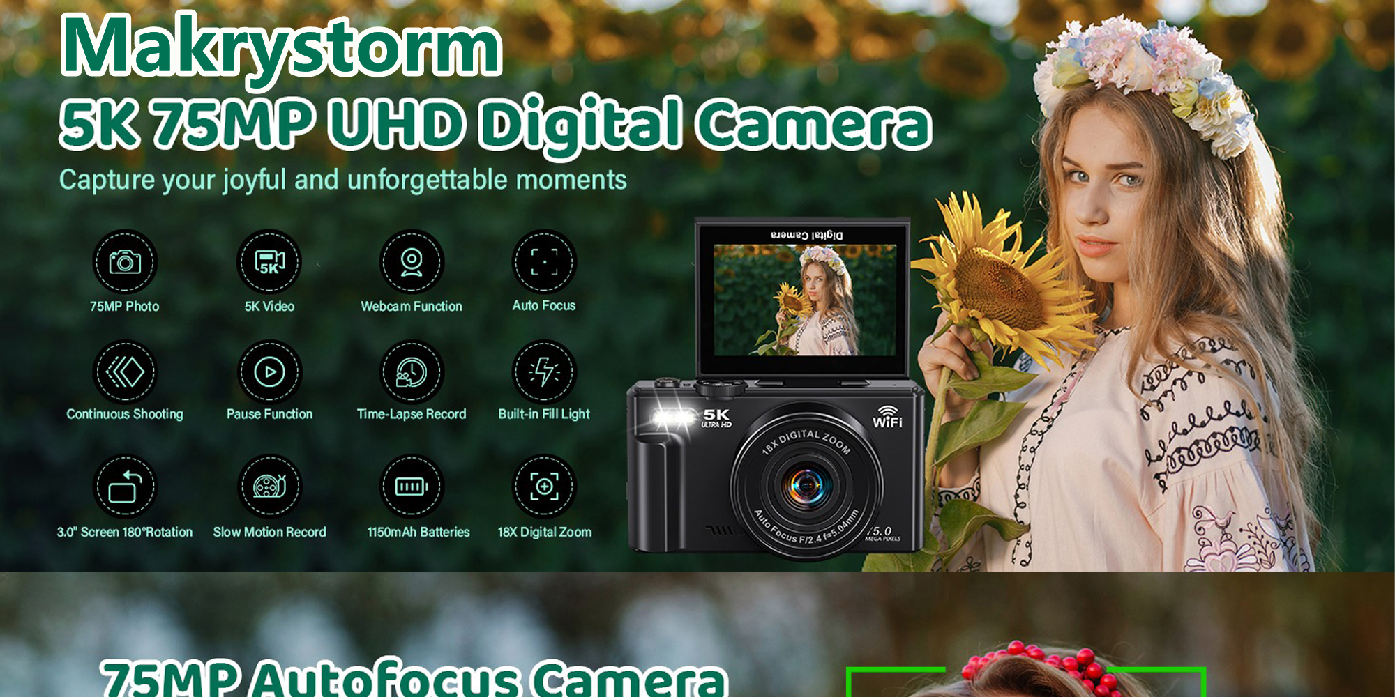 5K Digital Camera, 75MP Camera Digital for Photography, Point and Shoot Camara, 18X Digital Camera with 3