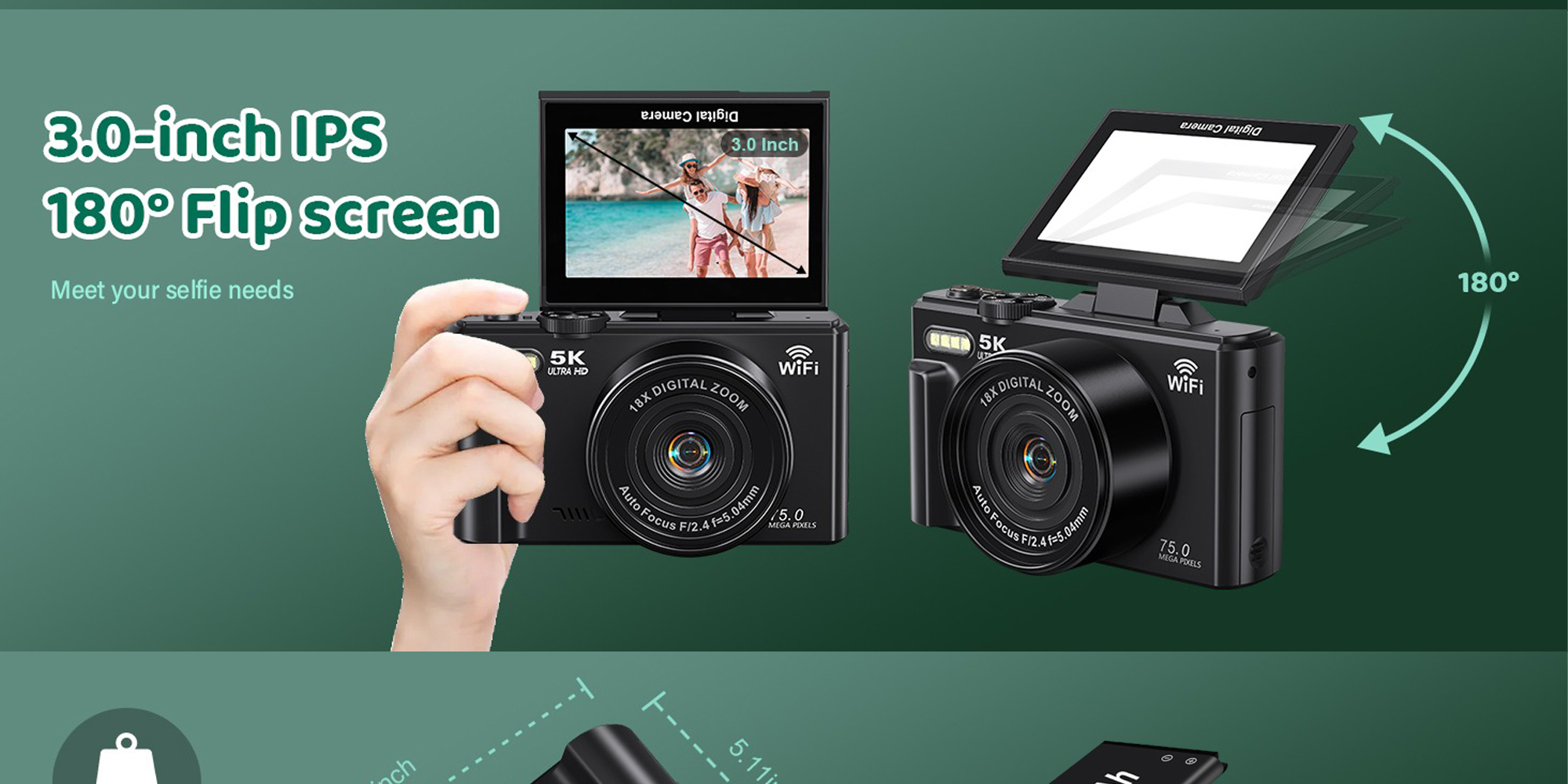 5K Digital Camera, 75MP Camera Digital for Photography, Point and Shoot Camara, 18X Digital Camera with 3