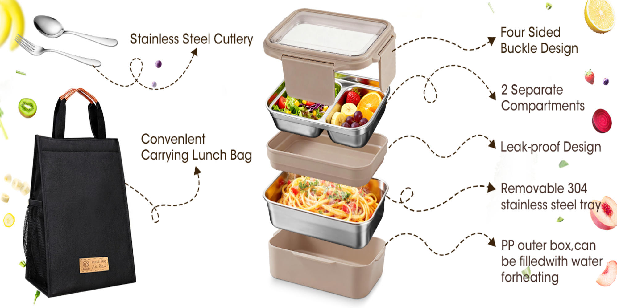 Stainless Steel Lunch Box: 1100ml 2-Layer Insulated Bento Lunch Box for Adults and kids - 304 Lunch Containers Insulated Leakproof with Tableware & Bag - Microwave & Dishwasher Safe (Khaki)