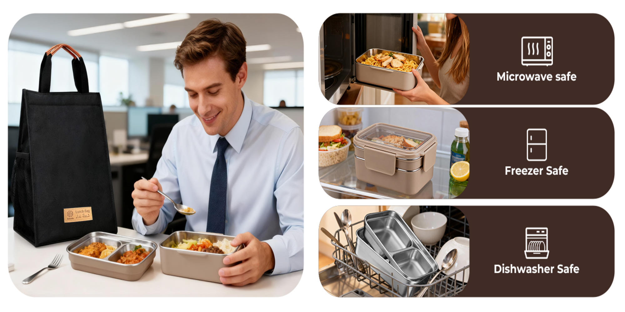 Stainless Steel Lunch Box: 1100ml 2-Layer Insulated Bento Lunch Box for Adults and kids - 304 Lunch Containers Insulated Leakproof with Tableware & Bag - Microwave & Dishwasher Safe (Khaki)