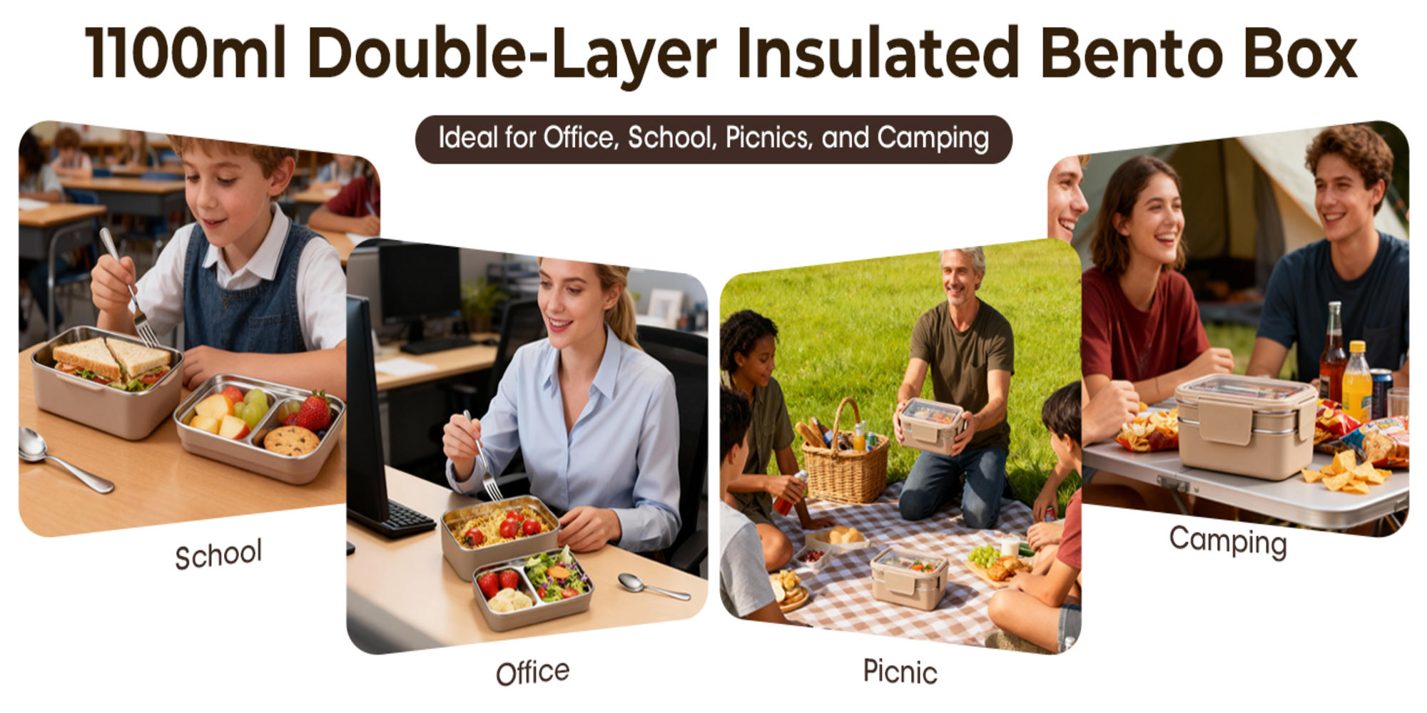 Stainless Steel Lunch Box: 1100ml 2-Layer Insulated Bento Lunch Box for Adults and kids - 304 Lunch Containers Insulated Leakproof with Tableware & Bag - Microwave & Dishwasher Safe (Khaki)