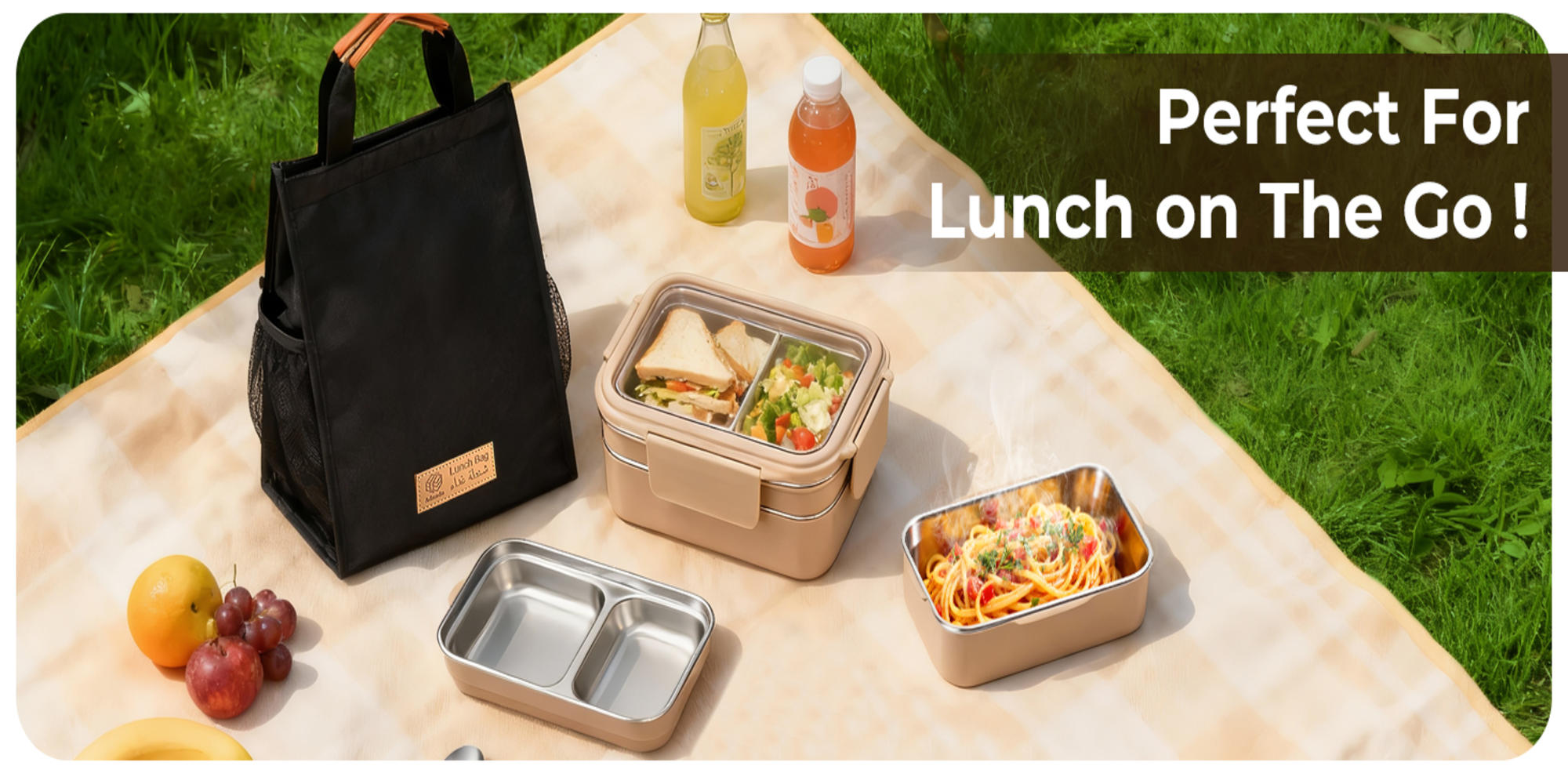Stainless Steel Lunch Box: 1100ml 2-Layer Insulated Bento Lunch Box for Adults and kids - 304 Lunch Containers Insulated Leakproof with Tableware & Bag - Microwave & Dishwasher Safe (Khaki)