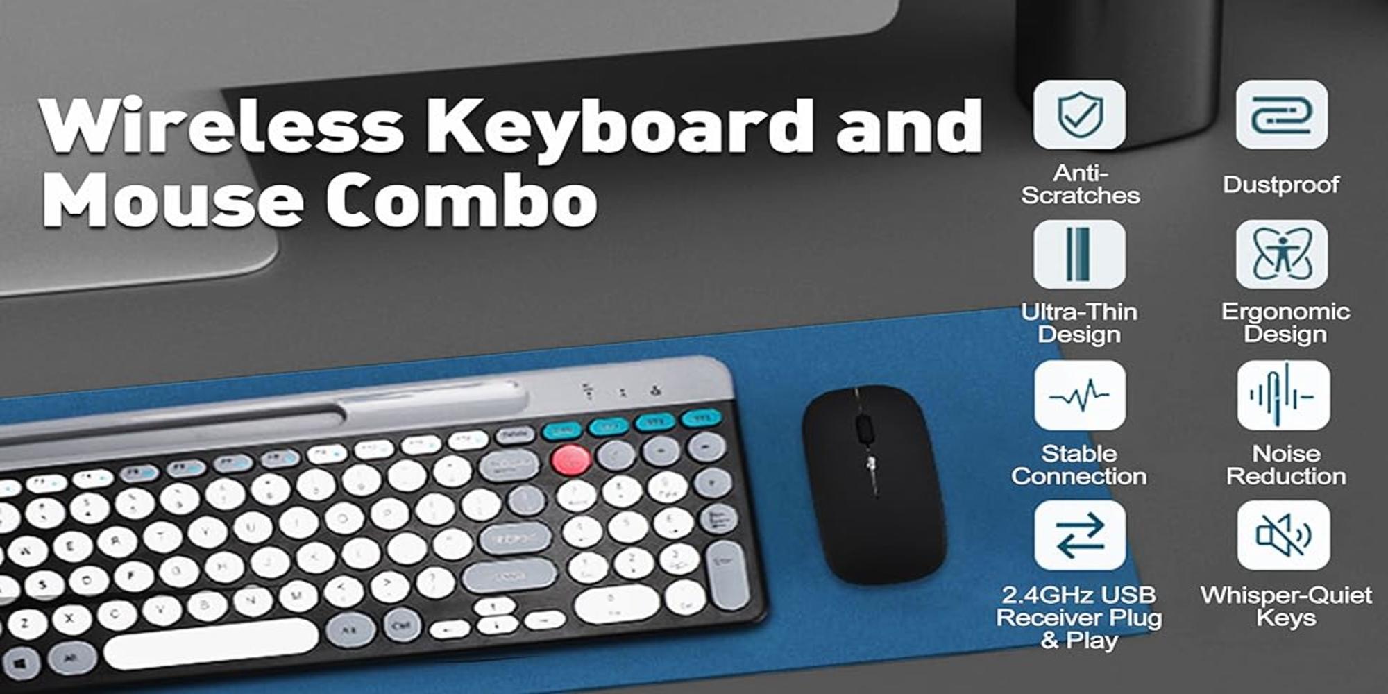 Arabic & English Wireless Keyboard and Mouse Combo, Multi-Device (Bluetooth+2.4G) Keyboard Mouse with Phone Tablet Holder, Full-Sized Typewriter Cordless Keyboard and Mouse for Computer/Laptop (Black)