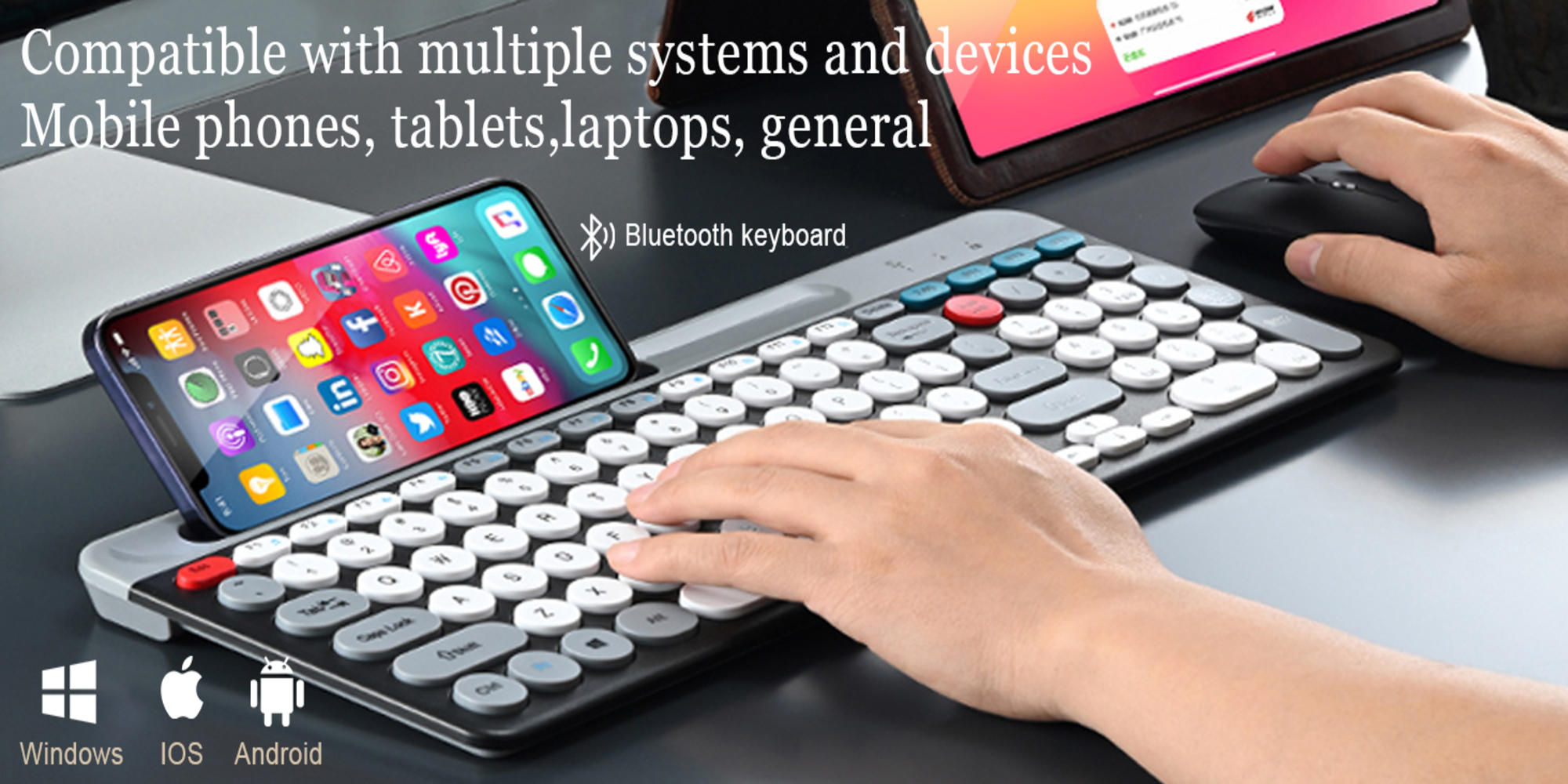 Arabic & English Wireless Keyboard and Mouse Combo, Multi-Device (Bluetooth+2.4G) Keyboard Mouse with Phone Tablet Holder, Full-Sized Typewriter Cordless Keyboard and Mouse for Computer/Laptop (Black)