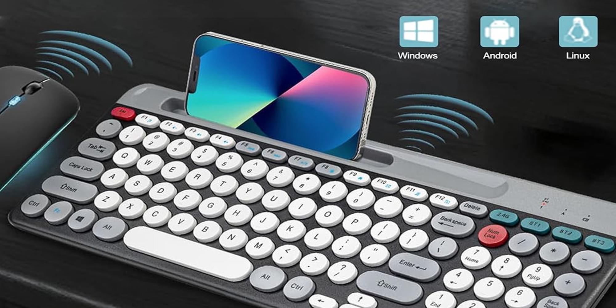 Arabic & English Wireless Keyboard and Mouse Combo, Multi-Device (Bluetooth+2.4G) Keyboard Mouse with Phone Tablet Holder, Full-Sized Typewriter Cordless Keyboard and Mouse for Computer/Laptop (Black)