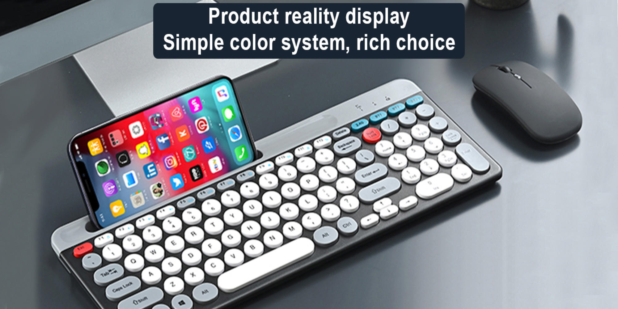 Arabic & English Wireless Keyboard and Mouse Combo, Multi-Device (Bluetooth+2.4G) Keyboard Mouse with Phone Tablet Holder, Full-Sized Typewriter Cordless Keyboard and Mouse for Computer/Laptop (Black)