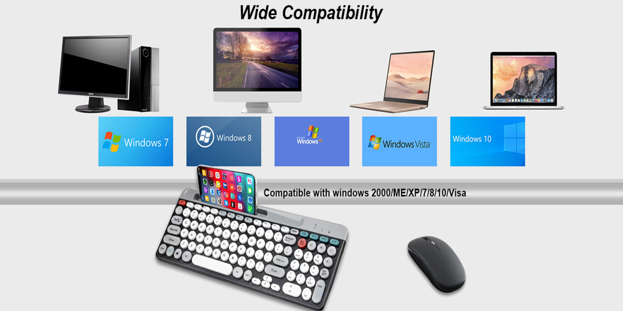 Arabic & English Wireless Keyboard and Mouse Combo, Multi-Device (Bluetooth+2.4G) Keyboard Mouse with Phone Tablet Holder, Full-Sized Typewriter Cordless Keyboard and Mouse for Computer/Laptop (Black)