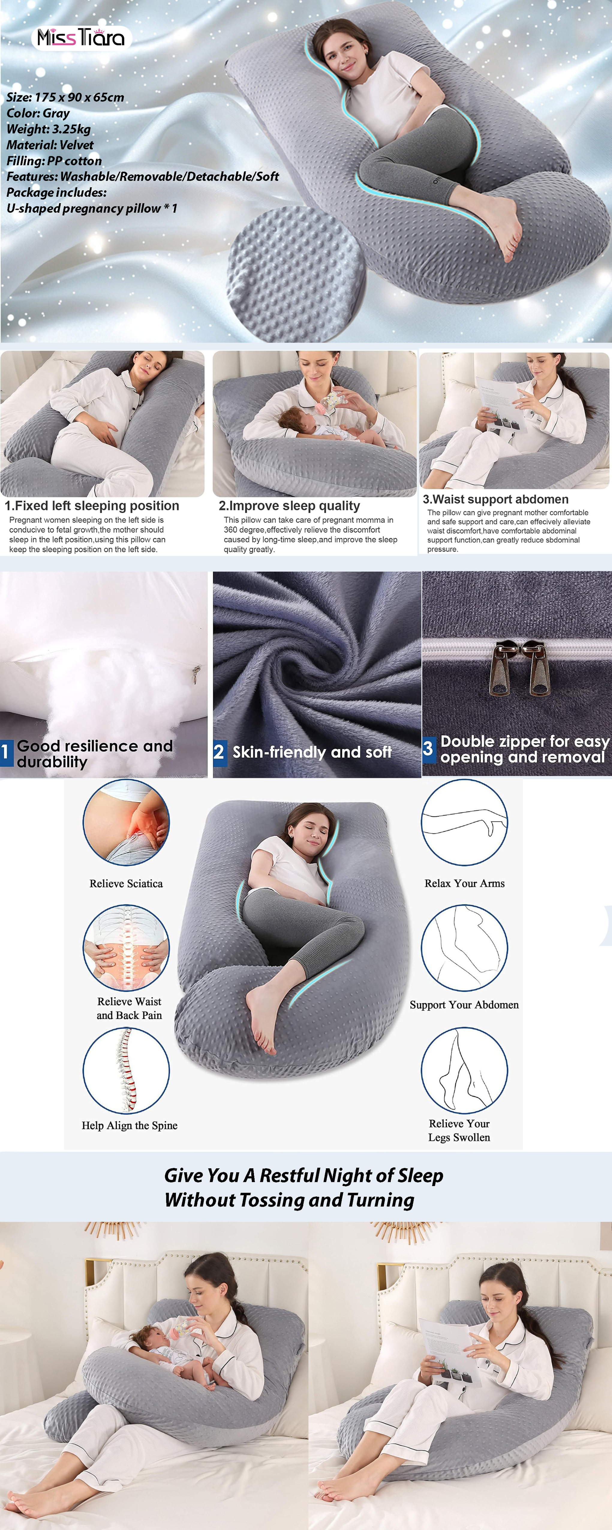 U Shaped Full Body Pillow for Pregnancy Sleeping Support, Maternity Pillow for Pregnant Women Back, Hips, Legs, Belly, with Removable Velvet Cover 170*90*65 CM