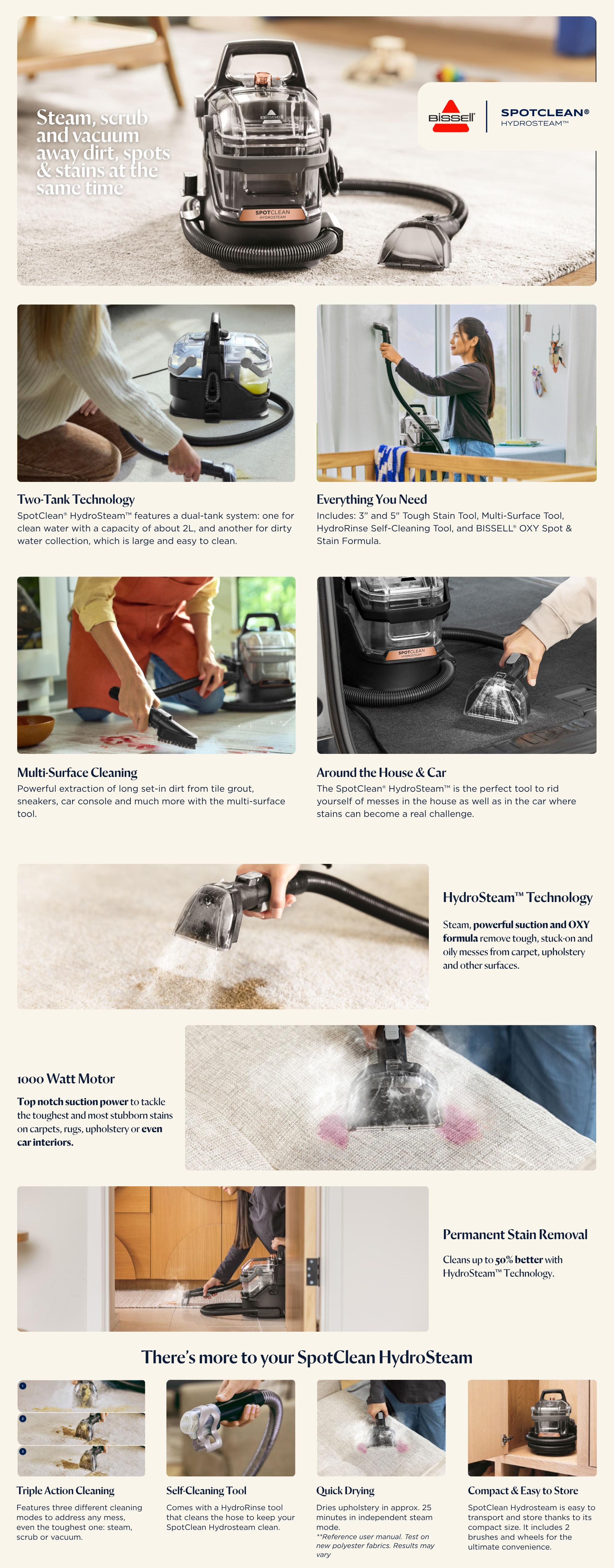 Spotclean Hydrosteam 3700E Portable Deep Cleaner With Hydrosteam Technology, Powerful Stain Removal For Carpets With The Power Of Steam, Upholstery & Hard Surfaces, Compact & Lightweight Design | 2-Year Warranty 1000 W 3700E Black/ Copper Harbor