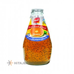 Orbit 300cc orange juice with basil seeds in glass bottle
