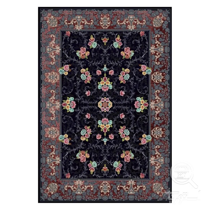 فرشینه مخمل ترک طرح گل فرنگ سرمه ای کد L8-790