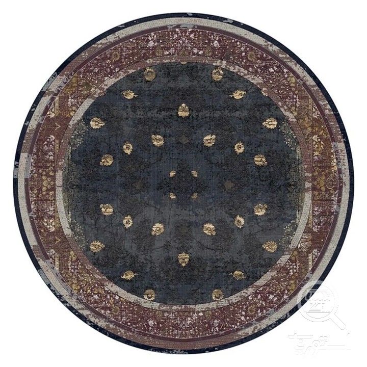 فرشینه گرد مخمل ترک طرح وینتیج سرمه ای کد D8-254