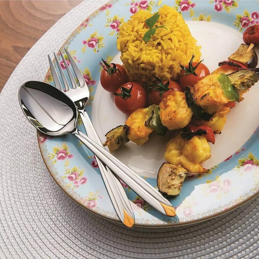 قاشق و چنگال 12 پارچه پالرمو استیل و طلایی براق (دور طلا) ناب استیل