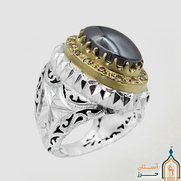 انگشتر حدید صینی مردانه نقره دستساز مدل بهرام با حکاکی اذکار+ 15 قطعه برلیان