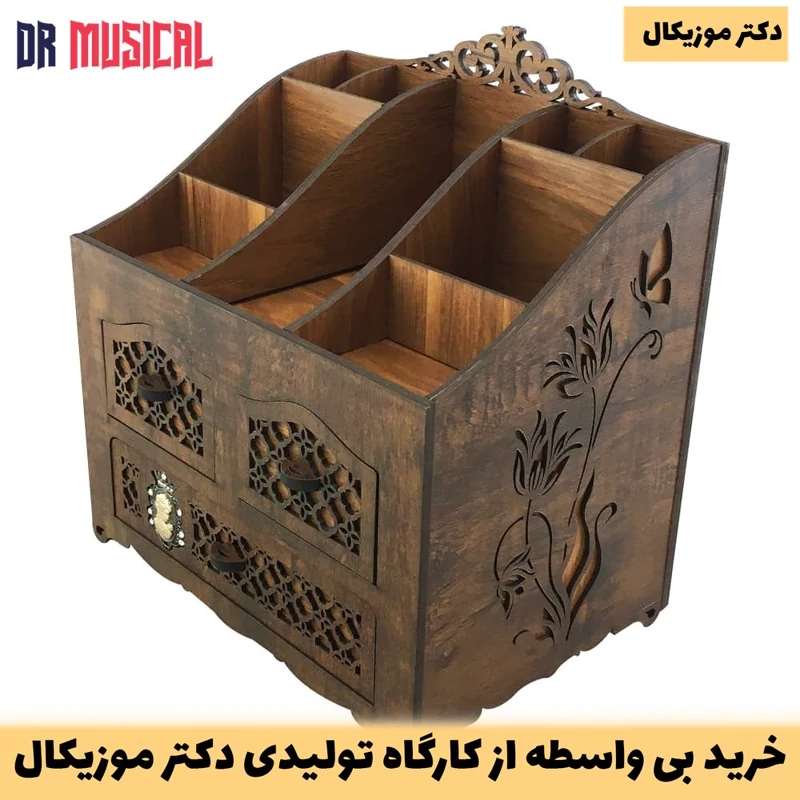 استند لوازم ارایش چوبی مدل سه کشو و نه مقسم با طرح گل-خرید بی واسطه از تولیدی دکتر موزیکال