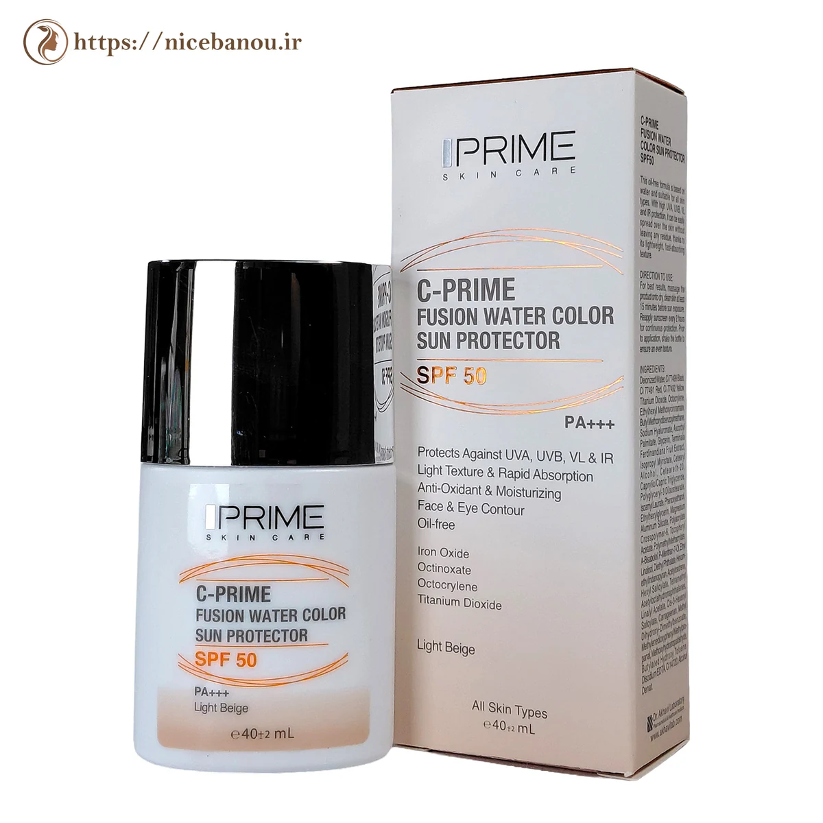 فلوئید ضد آفتاب رنگی پرایم C-Prime فیوژن واتر SPF50 بژ روشن 40 میلیلیتر