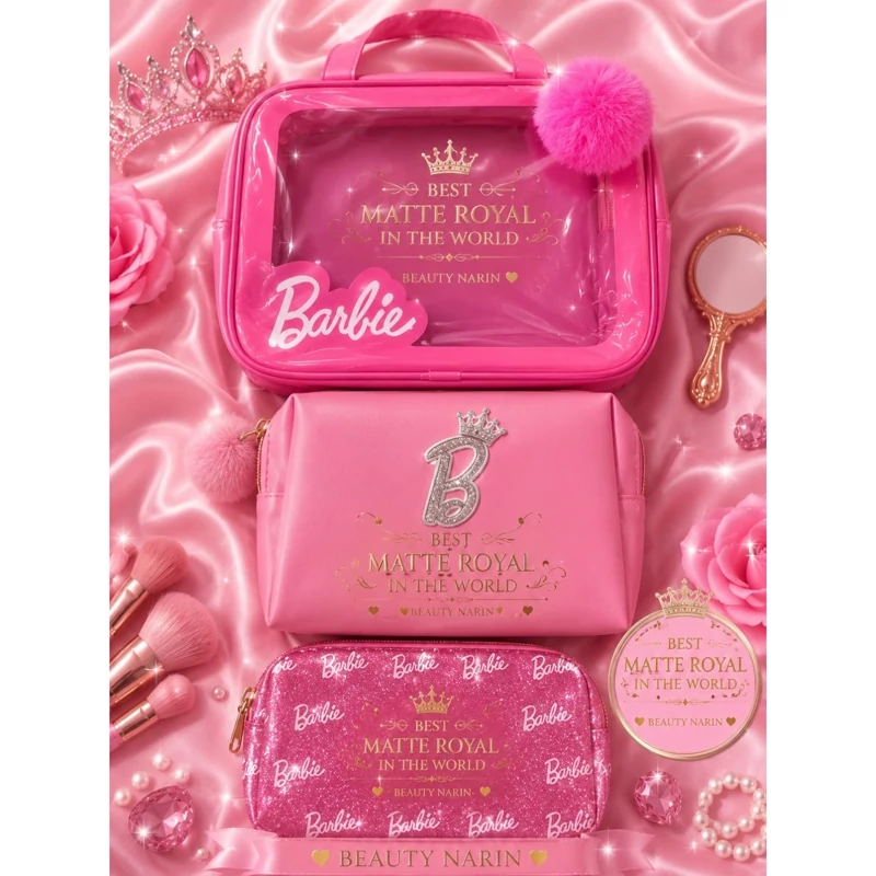 ست کیف آرایشی 3 تکه باربی (Barbie) مدل Matte Royal کیف لوازم آرایش و نظم دهندهه